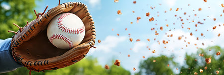 Baseball Glove Catching a Fly Ball Blurred Defocused Background, Banner With Copy Spaceの素材