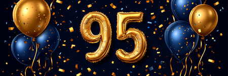 Celebrating 95 Years Golden Number Balloons and Festive Confetti on a Blue Backgroundの素材