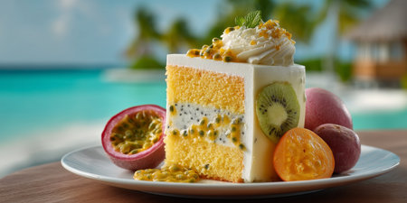 Tropical Fruit Cake Slice with Passion Fruit and Kiwi on White Plate against Ocean Background.の素材