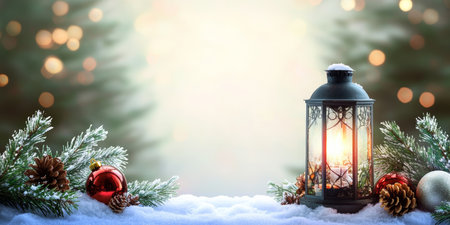 Christmas Lantern, Fir Branches, and Ornaments on a Snowy Table with a Blurred Bokeh Backgroundの素材