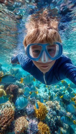 Underwater Exploration A Young Boy Discovers the Beauty of a Colorful Coral Reef and Tropical Fishの素材