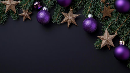 Christmas Border, Purple Ornaments, Gold Stars, Fir Branches, Black Background, Copy Spaceの素材