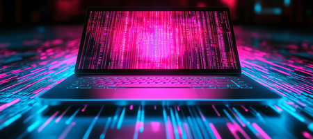 Vibrant Neon Laptop Immersed In Data Streams, A Futuristic Workspace With A Focus On AI Technologyの素材