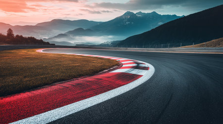 Red And White Kerbs Of A Winding Mountain Race Track At Sunset, Motor Sports Backgroundの素材
