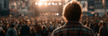 Man Standing Backstage at Outdoor Concert, Facing Large Crowd, Golden Hour Backlit Stageの素材