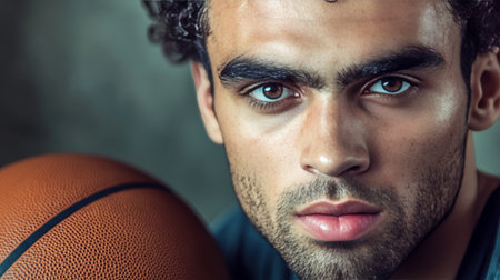 Intense Focus Close-Up Portrait Of Determined Young Male Basketball Player Holding Ballの素材