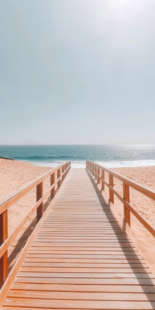 Wooden boardwalk leading to calm ocean, sandy beach, clear sky, summer vacation destination.の素材