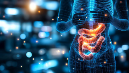 3D Illustration of Human Digestive System, Medical Concept Background with Copy Spaceの素材