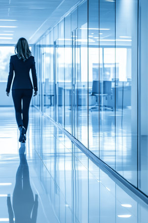 Young Businesswoman Walking in Modern Glass Office, Blurred Defocused Background with Copy Spaceの素材