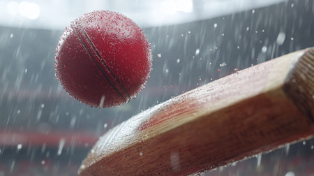 Close-Up of Cricket Ball Hitting a Wet Bat During Rain. Game Action, Professional Sports Equipmentの素材