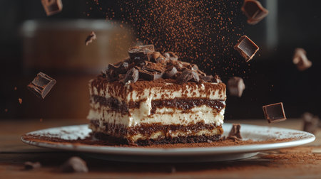 Decadent Tiramisu Slice A Classic Italian Dessert Dusted with Cocoa on a White Plateの素材