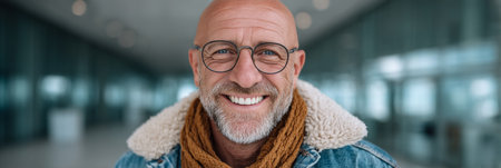Smiling Senior Man with Glasses Portrait, Modern Glass Building Blurred Background. Copy Spaceの素材