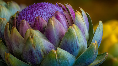 Vibrant Purple and Green Artichoke Bloom, Close-Up, Isolated on a Soft Focus Yellow Backgroundの素材