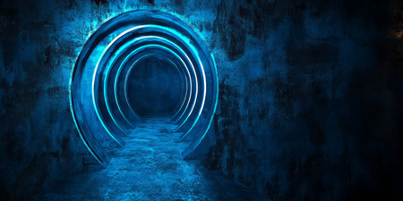 Glowing Neon Blue Circle Tunnel on Grunge Concrete Background, Futuristic Abstract Background.の素材