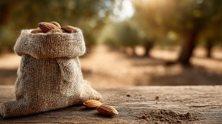 Freshly Harvested Almonds in Burlap Sack on Rustic Table, Orchard Background, Copy Spaceの素材