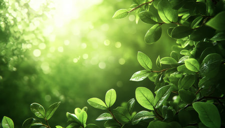 Fresh Green Leaves, Natural Spring Background With Sunlight, Nature Wallpaper With Bokeh Lightsの素材