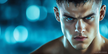 Intense Boxer, Portrait Of A Fighter With Focus And Determination, Ready To Strike In A Gymの素材