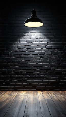 Dark, Empty Room With Illuminated Black Brick Wall, Grunge Background With Dramatic Lightingの素材