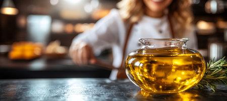 Smiling Woman Holds Bottle of Golden Oil, Celebrating Culinary Delights and Healthy Ingredientsの素材