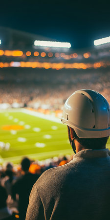 Construction Worker Watching Football Game, Stadium Background, Safety, Blurred Crowdの素材