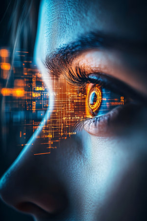 Close Up, Futuristic Technology Illuminates Woman s Eye, Highlighting Ethical AI, Neuron Networkの素材