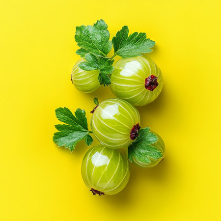 Fresh Green Gooseberries with Leaves, Isolated on a Vibrant Yellow Background, Summer Berriesの素材