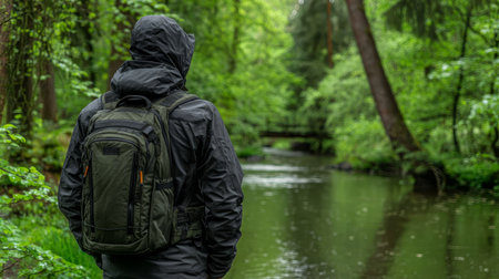 Man with Backpack Exploring Lush Forest Trail by a Tranquil River, Abundant Nature Backgroundの素材