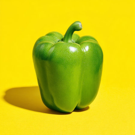 Vibrant Green Bell Pepper, Glossy Skin, Isolated on Yellow Background, Fresh Produce, Healthy Eatingの素材