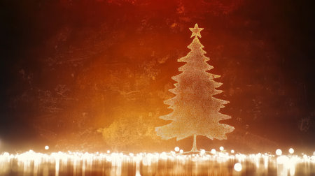 Christmas Tree Sparkles, Festive Orange Brown Background, Xmas Greeting, Holiday Season Cardの素材