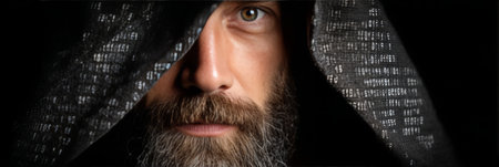 Cybersecurity and Digital Identity Portrait of a Man with a Code Overlay on His Faceの素材