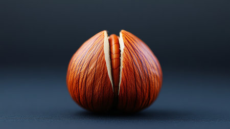 Close up, Vibrant Isolated Hazelnut, Dark Background Showing Contrasting Golden Brown Textures.の素材
