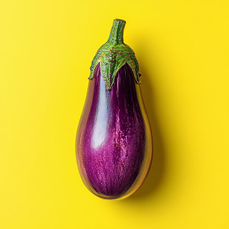 Solitary, Vibrant Eggplant. Smooth Skin Texture Isolated On A Vivid Yellow Background.の素材
