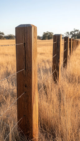 Close Up, Sunlit Golden Field, Rustic Wooden Fence Posts, Wire, Rural Farming Landscape, Summer Dayの素材