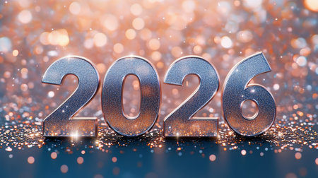 Shiny Silver 2026 on a Sparkly Gold and Peach Background, Perfect for New Year Celebrationsの素材