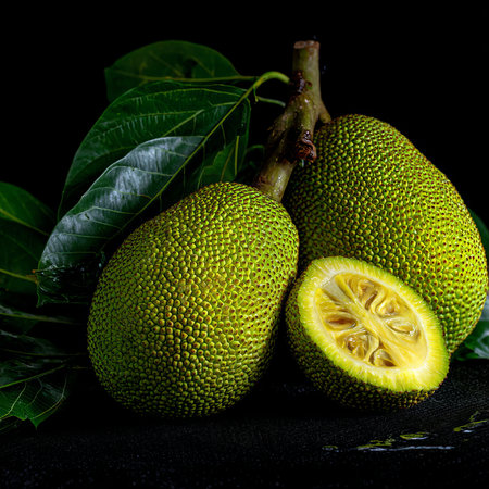 Fresh, Ripe Jackfruit on Black Background A Vibrant Display of Yellow Green Rough Textureの素材