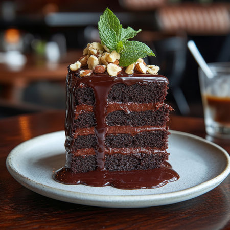 Indulgent Slice of Chocolate Layer Cake with Rich Chocolate Ganache, Hazelnuts, and Mint Garnishの素材