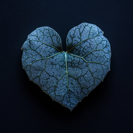 Frozen Heart Shape Leaf with Intricate Veins on Black Background, Valentine s Day Conceptの素材