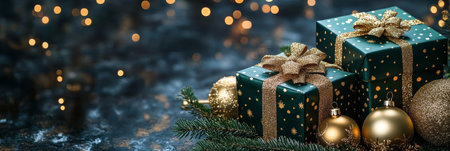 Elegant Christmas Composition, Green Presents With Golden Ornaments, Christmas Greeting Card.,の素材