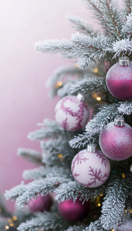 Festive Frosted Christmas Tree Adorned with Maroon and Silver Baubles, Holiday Backgroundの素材