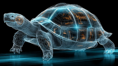 Futuristic Holographic Turtle Glowing with Blue And Organic Lines, Technology in Digital Spaceの素材