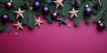 Stylish Christmas Festive Border, Green Fir Branches with Purple Decorations on Fuchsia Backgroundの素材