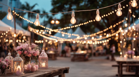 Outdoor Evening Party with Romantic String Lights and Candles, Creating a Magical Bokeh Background.の素材
