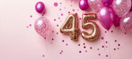 Golden Number 45 Balloons With Festive Decoration On Pink Background, Celebration Conceptの素材