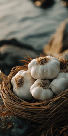 Freshly Picked White Garlic Bulbs Nestled in a Rustic Woven Basket, Farm-to-Table Conceptの素材