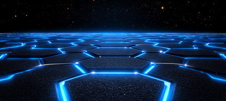 Futuristic Blue Hexagonal Mesh Network Connections On Dark Background, Digital Art Illustration.の素材