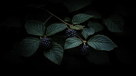 Dark, Moody Still Life Backlit Ripe Blackberries with Glossy Skin, Isolated on Blackの素材