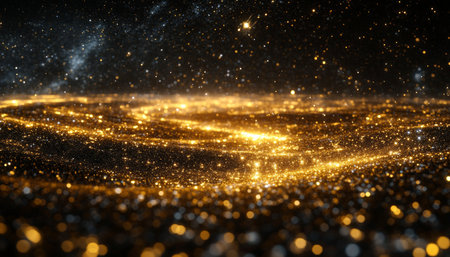 Abstract Swirling Golden Galaxy on a Black Background Sparkling Particles and Festive Bokeh Effectの素材
