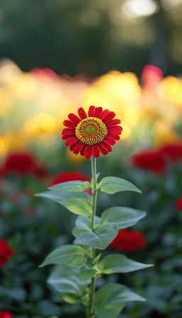 Vibrant Red Zinnia Flower in Summer Garden, Floral Background with Shallow DOF, Natural Lightの素材