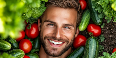 Handsome Man with a Healthy Smile Surrounded by Fresh, Vibrant Vegetables from the Gardenの素材
