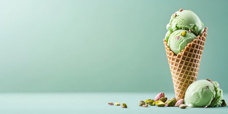 Refreshing Pistachio Ice Cream Scoops in Waffle Cone with Scattered Nuts, Green Backgroundの素材